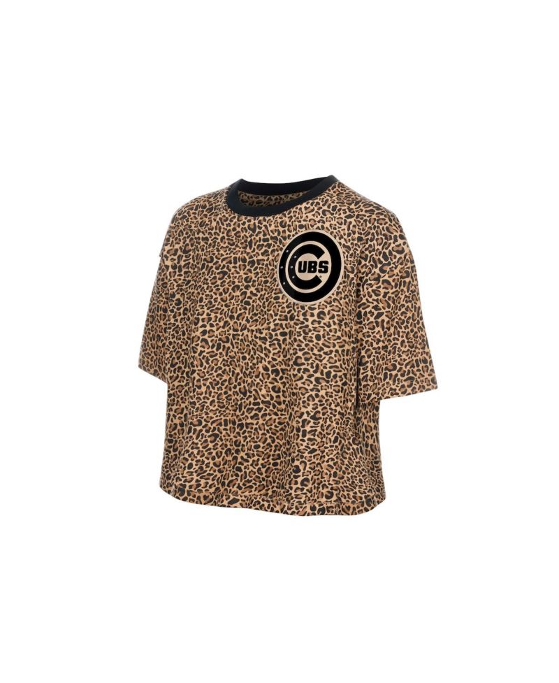 Women's Brown Chicago Cubs Leopard Boxy Cropped T-Shirt