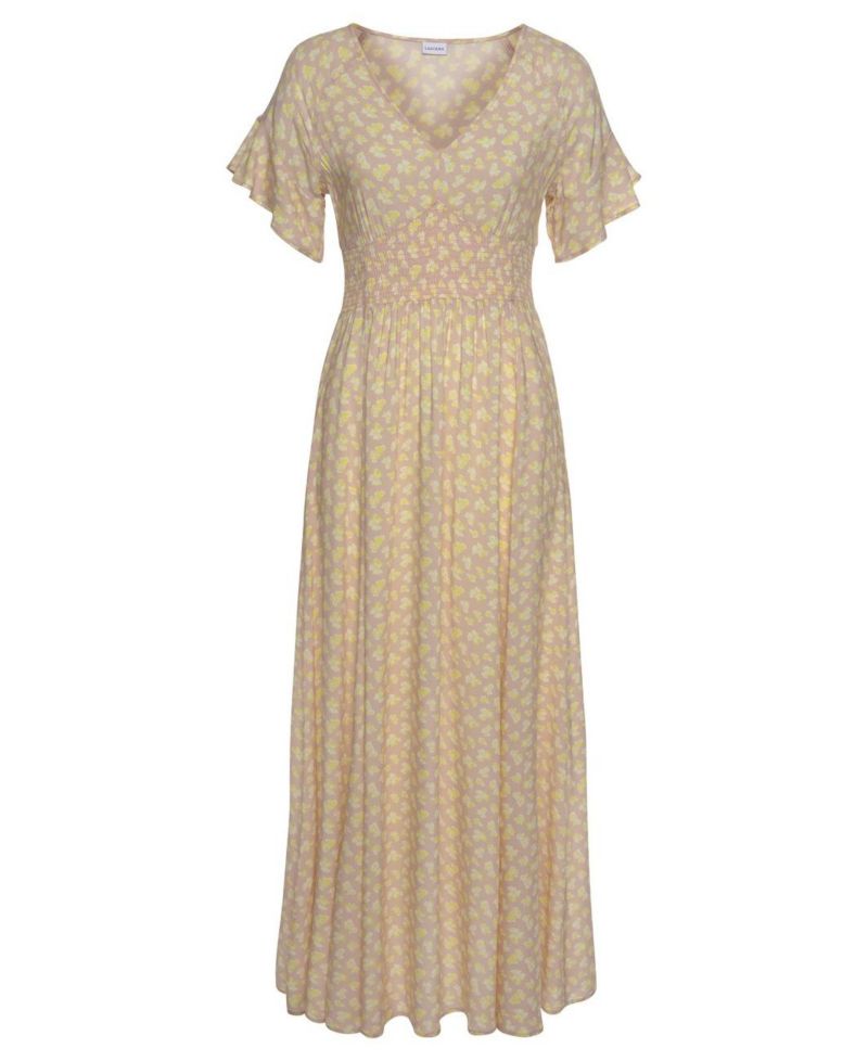 Women's Viscose Floral Print Ruffle-Trim Style V-Neck Maxi Dress