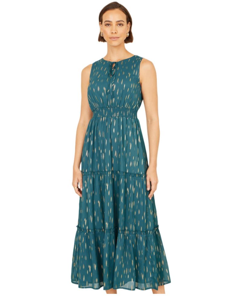 Women's Foil Print Ruched Waist Midi Dress
