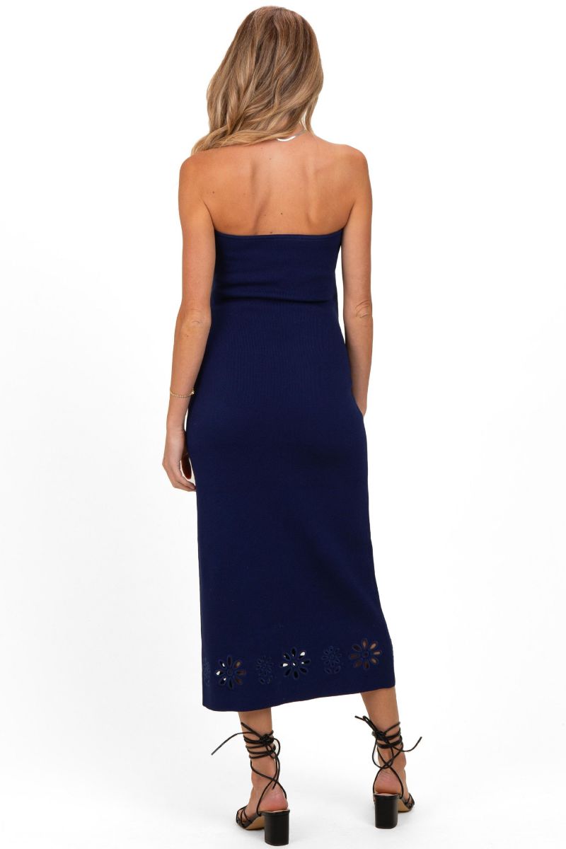 Women's Navy Strapless Laser Cut Lace Floral Detail Dress