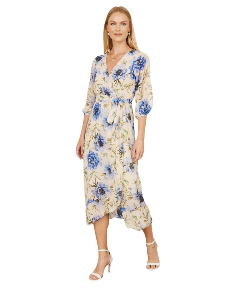 Women's 3/4 Sleeve V-Neck Wrap Midi Dress