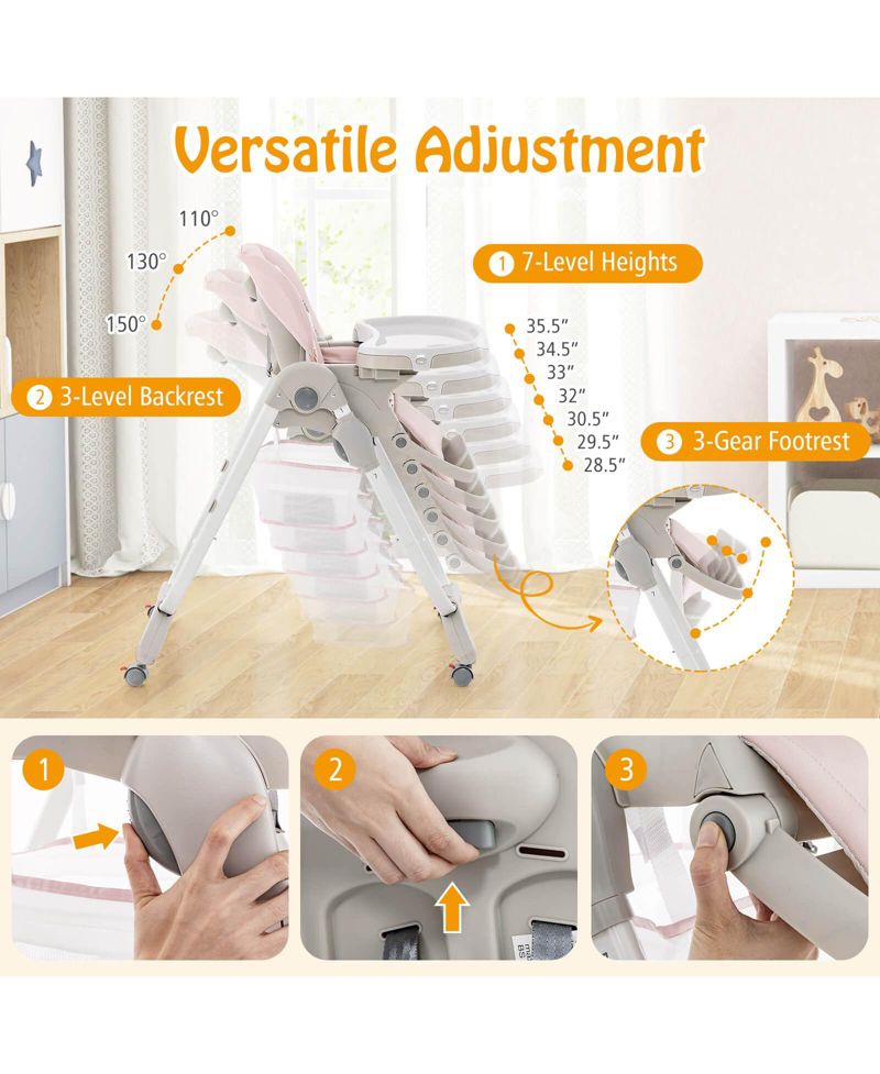 Highchair for Babies and Toddlers with Rolling Wheels Adjustable Height Footrest