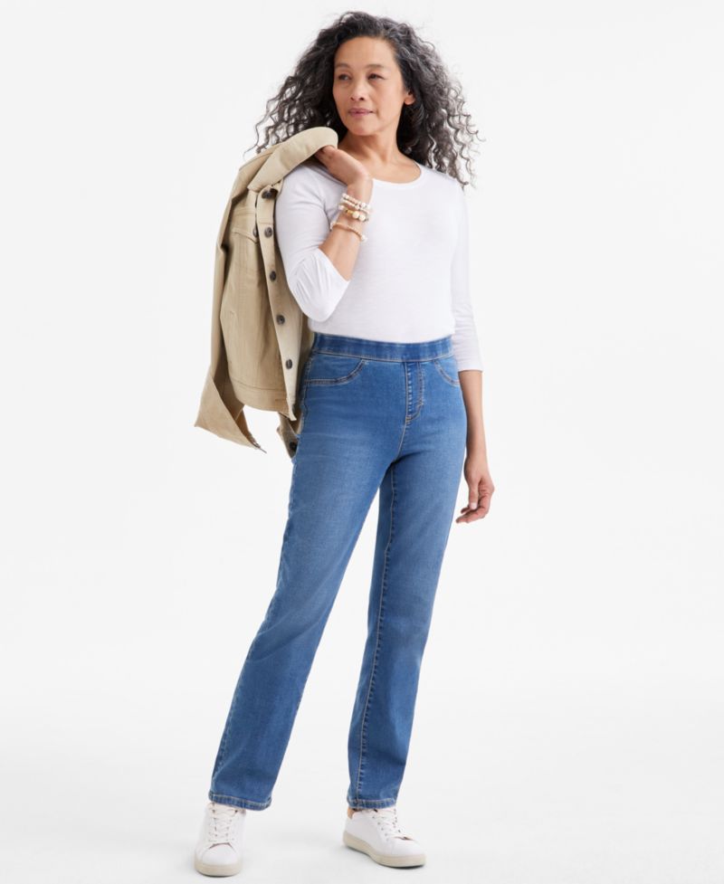 Petite Mid-Rise Pull-On Straight-Leg Jeans