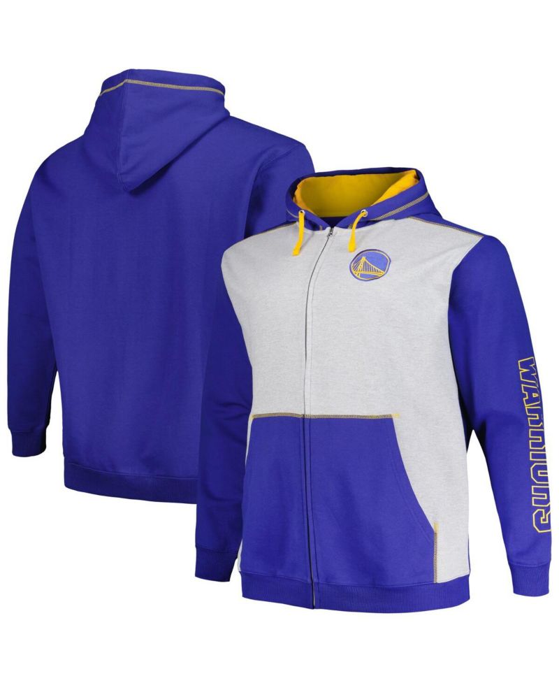 Men's Royal/Heather Gray Golden State Warriors Big & Tall Contrast Pieced Stitched Full-Zip Hoodie