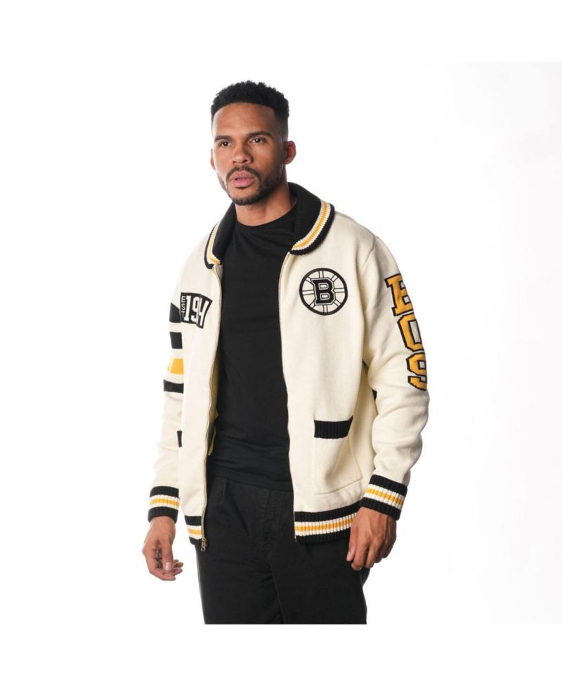 Men's and Women's Cream Boston Bruins Jacquard Full-Zip Sweater