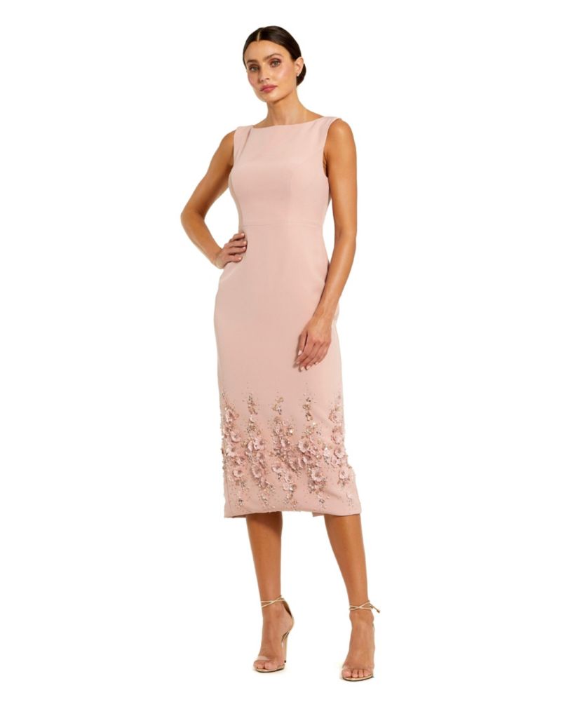 Women's Flower Beading Crepe Sleeveless Midi Dress