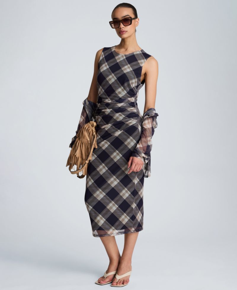 Women's Sleeveless Side Ruched Plaid Midi Dress