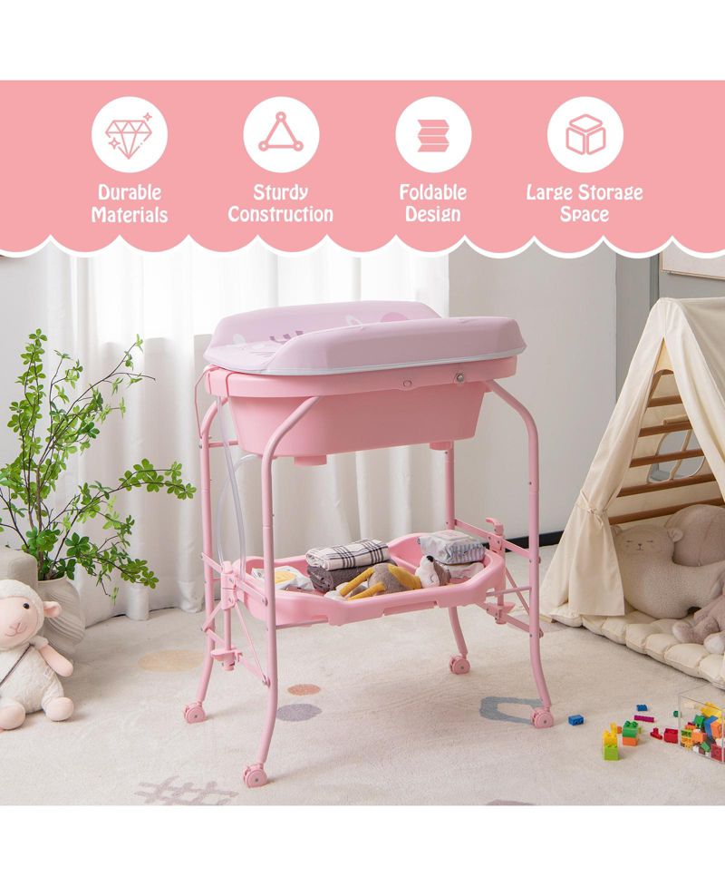 Folding Baby Changing Table with Bathtub and 4 Universal Wheels