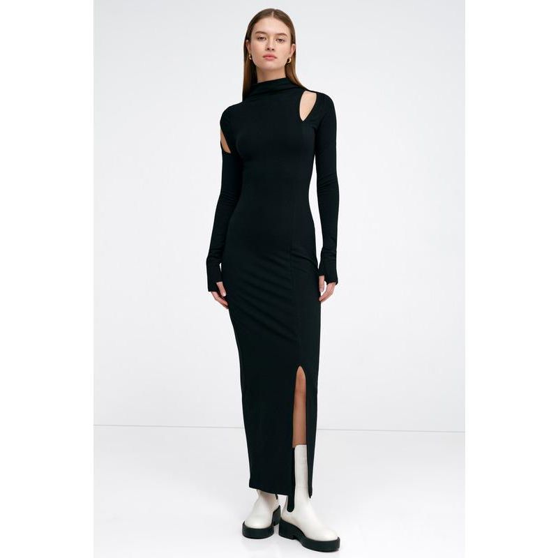 Women's Park Mock-Neck Cutout Thumbhole Side-Slit Casual Midi Dress