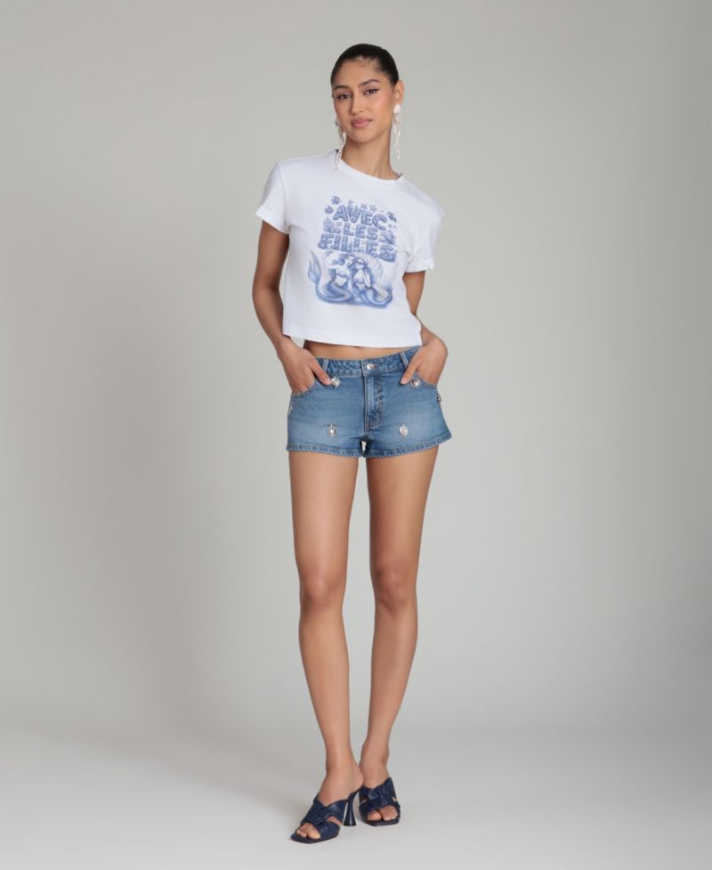 Women's Mid-Rise Charm Detail Front-Fly Denim Shorts