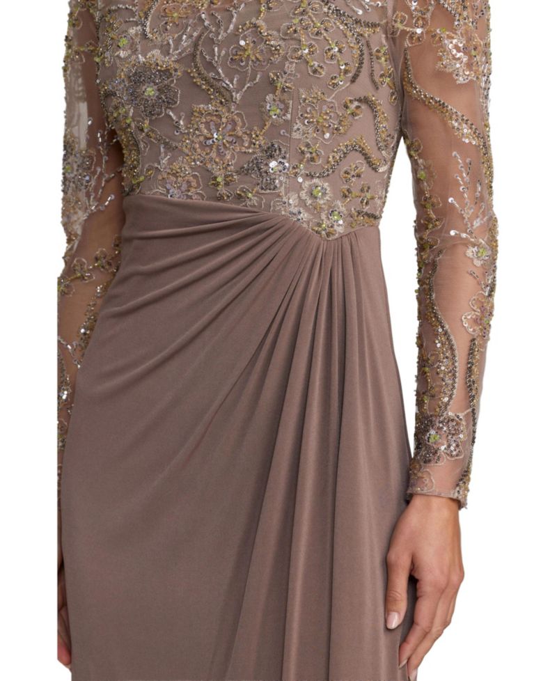 Women's Embroidered Long Sleeve Jersey Evening Gown