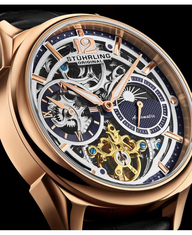 Vanguard 1019.04 Legacy Collection Dual Time Automatic Skeleton Watch 42mm Rose Gold Tone Black Dial Leather Strap