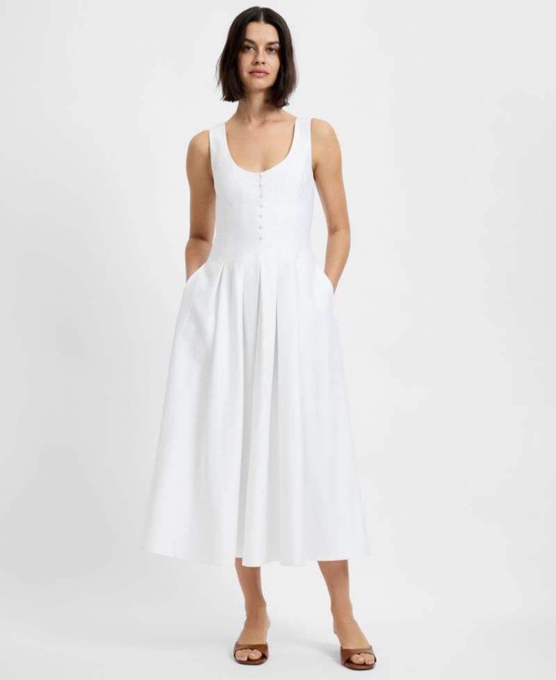 Women's Satin Fit And Flare Scoop Neck Midi Dress