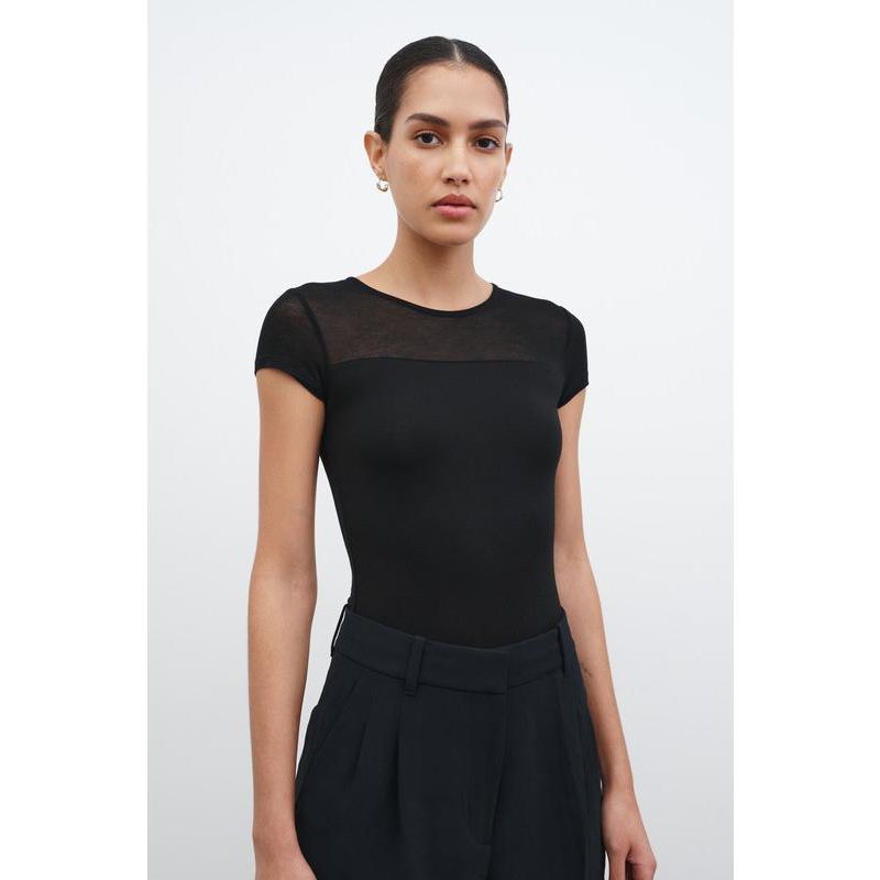 Women's Dara Short-Sleeve Fitted Jersey Bodysuit with Sheer Neckline