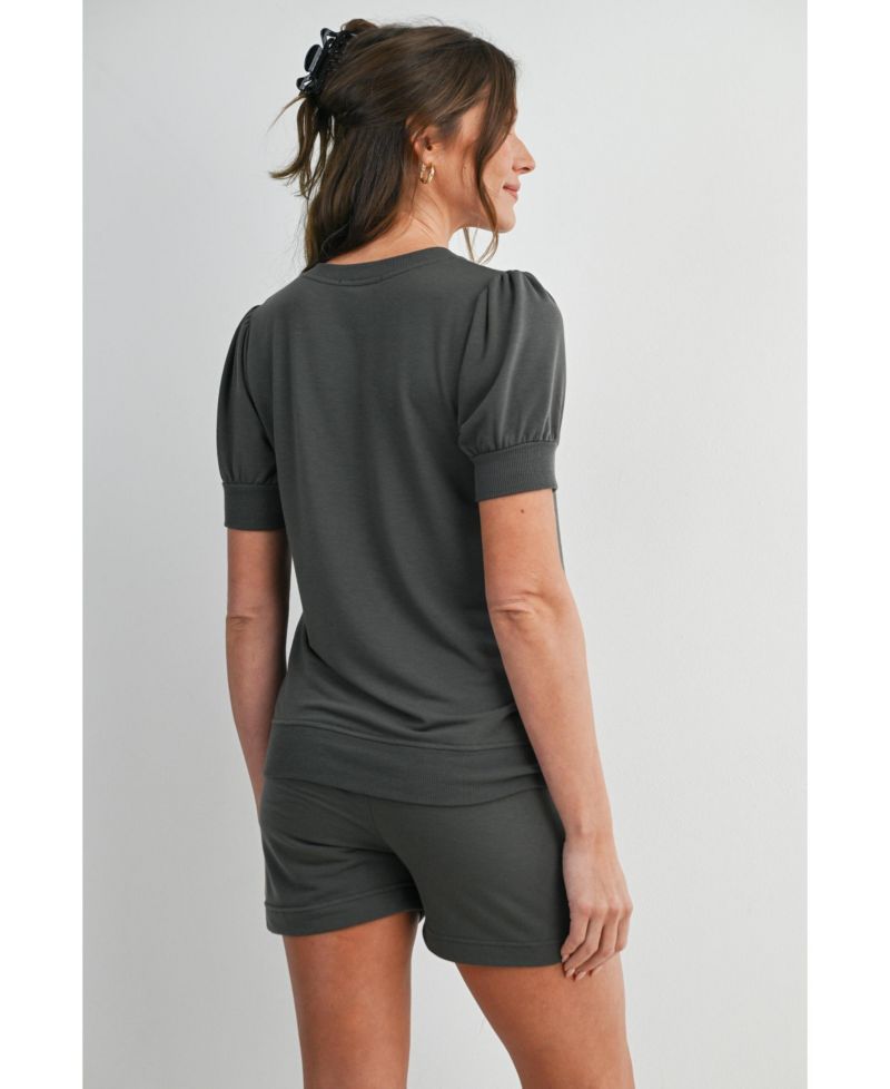 Maternity French Terry Lounge Set - Puff Sleeve Top and Shorts with Pockets