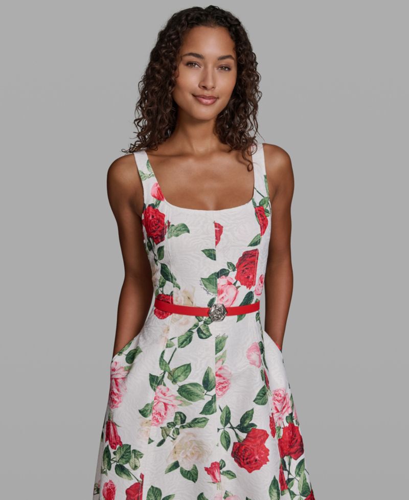 Women's Sleeveless Square Neck Belted Floral Dress