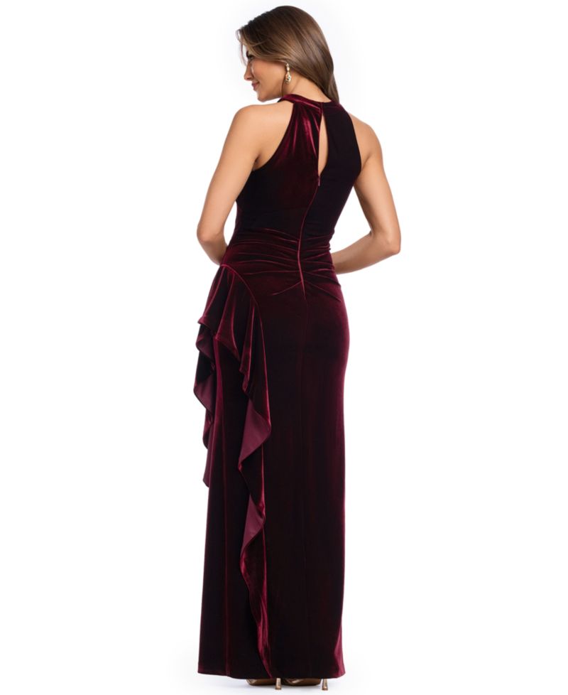 Women's Halter Velvet Side-Ruffle Gown