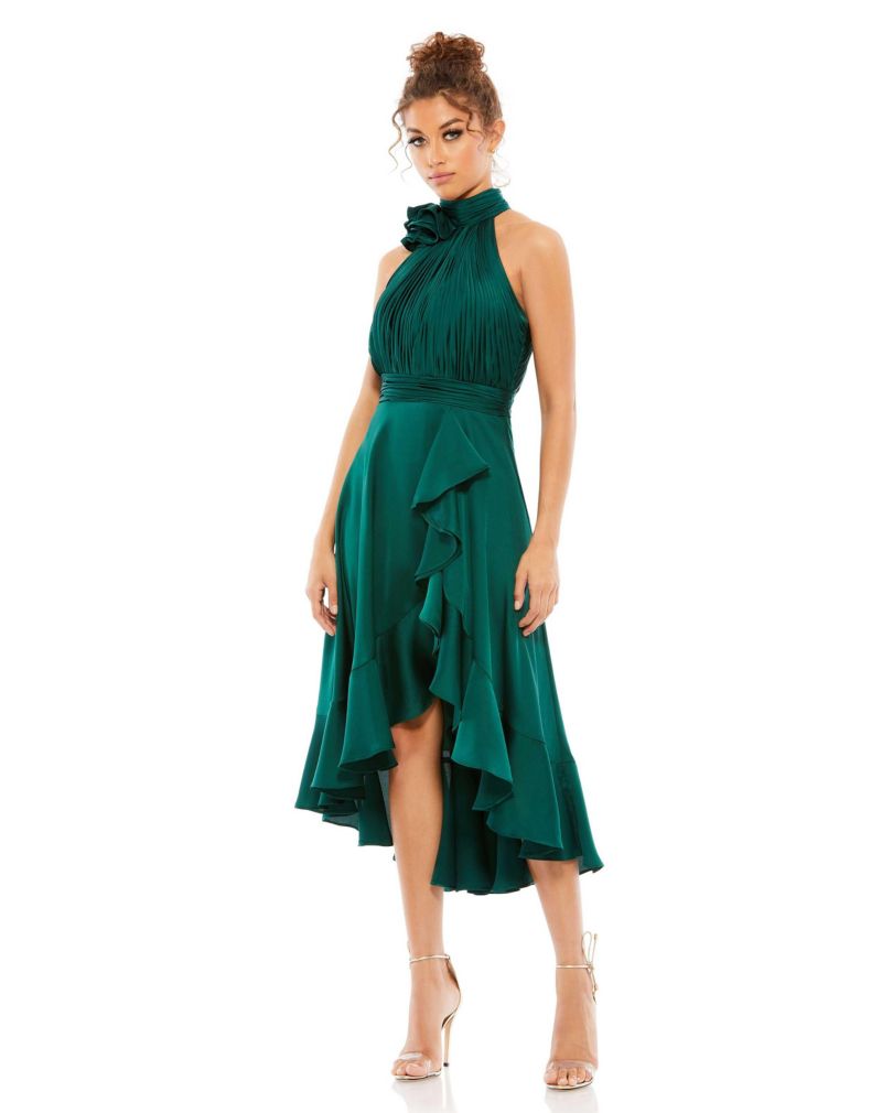Women's Halter Neck Flower Detail Ruffled Midi Dress