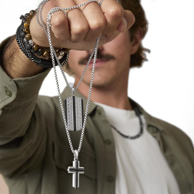 Stainless Steel Cross Necklace for Men 22", Two-Tone Pendant Necklace, Cross Jewelry
