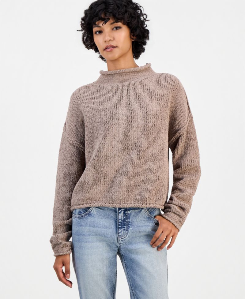 Juniors' Roll Mock Neck Chenille Long-Sleeve Sweater