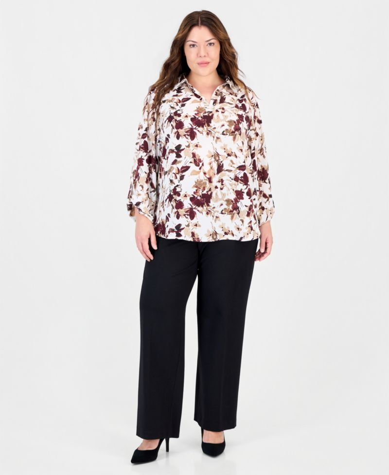 Plus Size Floral Roll-Tab V-Neck Blouse