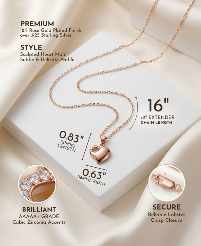 Sterling Silver 18K Rose Gold Plated Sculpted Heart CZ Necklace