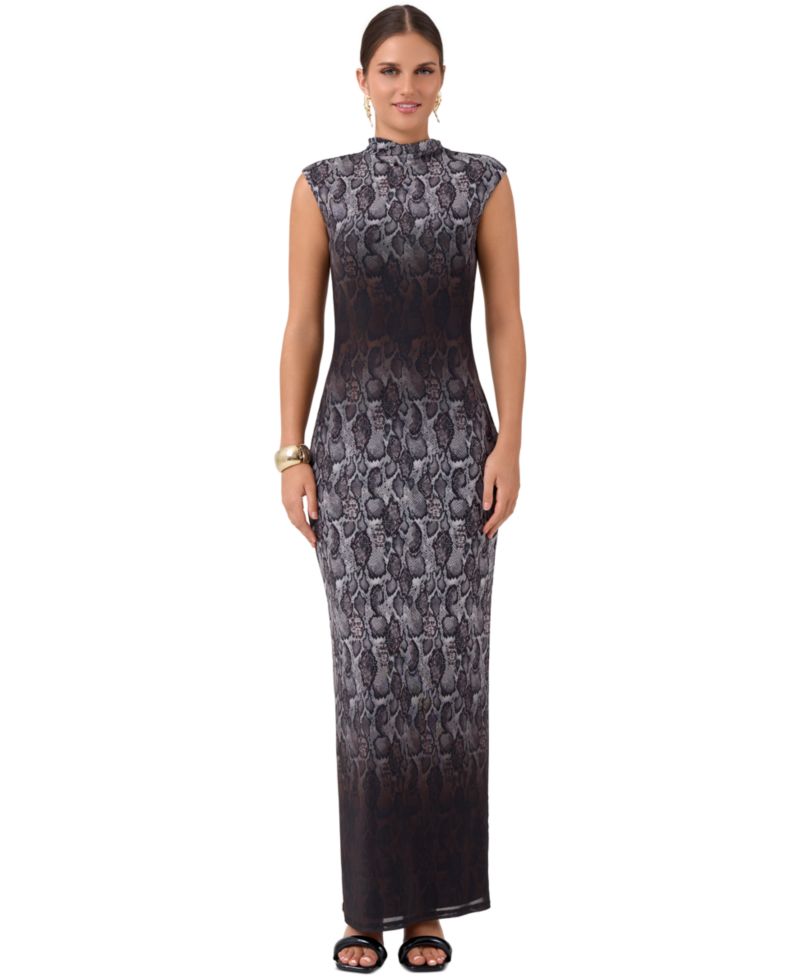Women's Coco Mesh Midi Snake-Print Mock-Neck Cap-Sleeve Dress