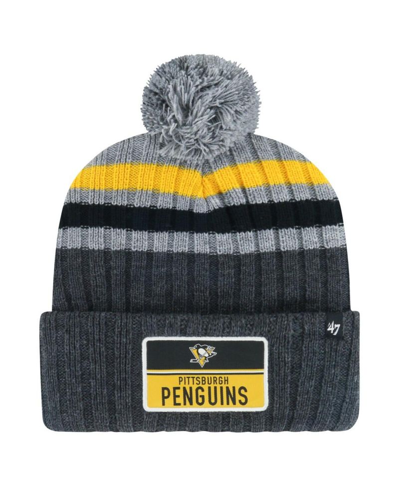 Men's Gray Pittsburgh Penguins Stack Patch Cuffed with Pom Knit Hat