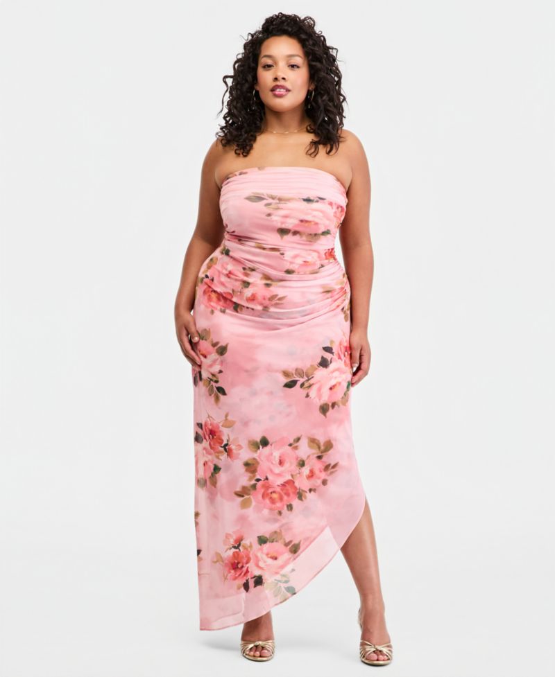 Trendy Plus Size Floral Print Strapless Maxi Dress