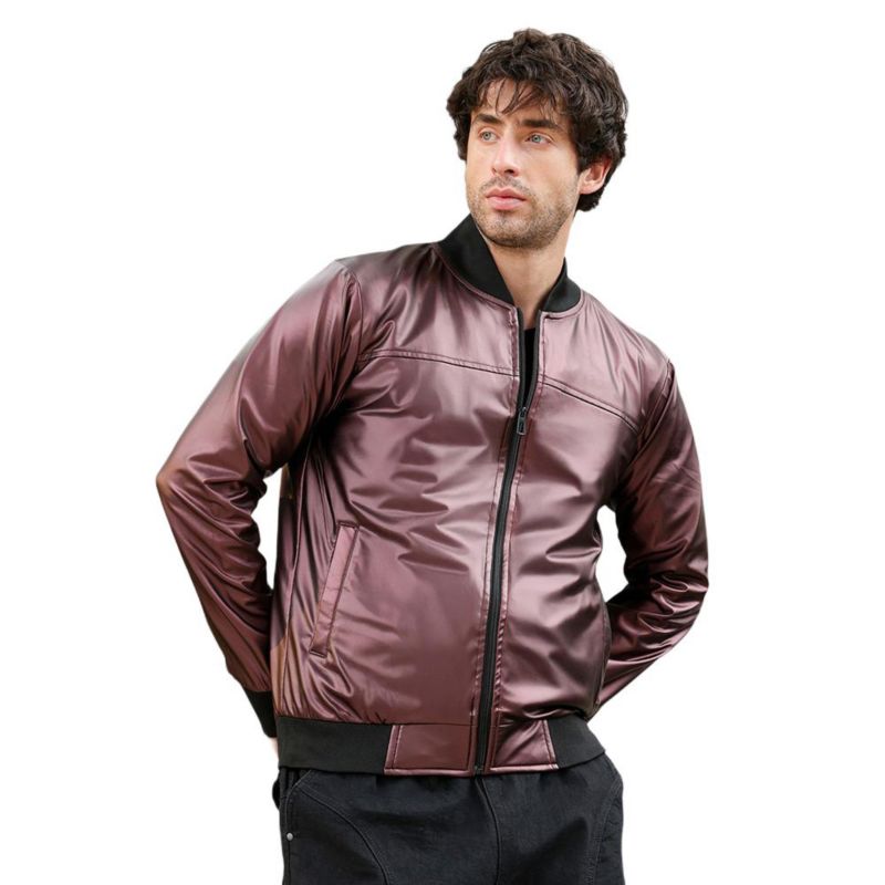 Men's Men's Chocolate Brown Patent-Panel Bomber Jacket