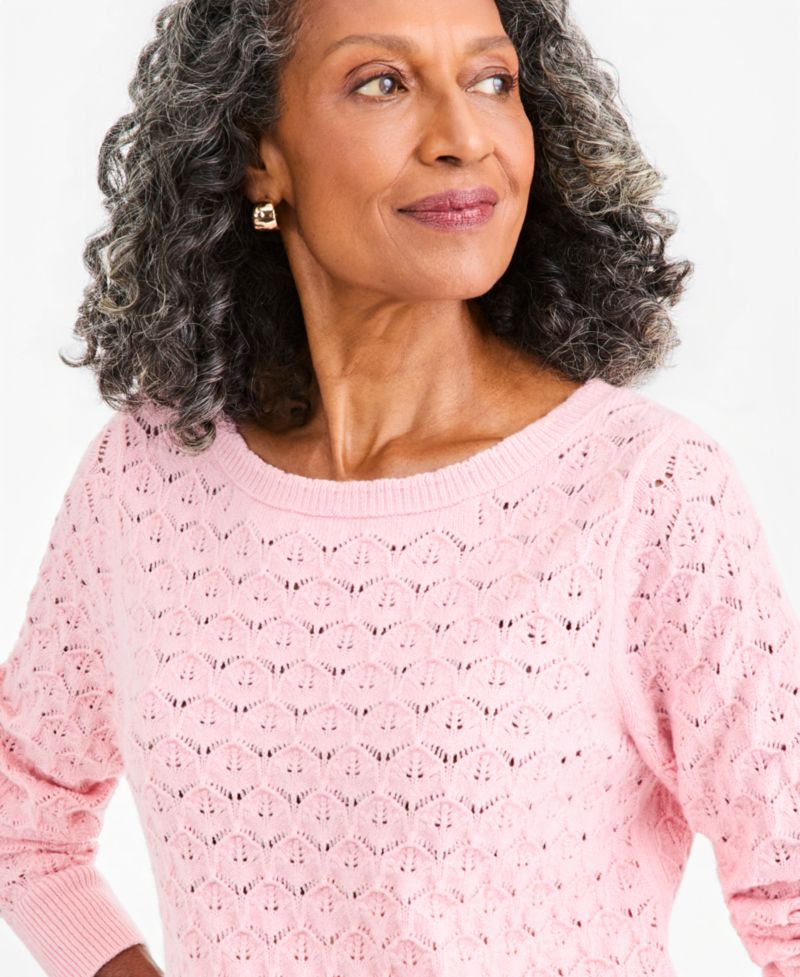 Petite Boat Neck Lightweight Pointelle-Knit Sweater