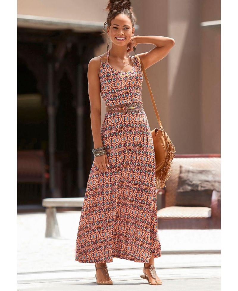 Women's Viscose Tropical Print Halterneck V-Neck Maxi Dress