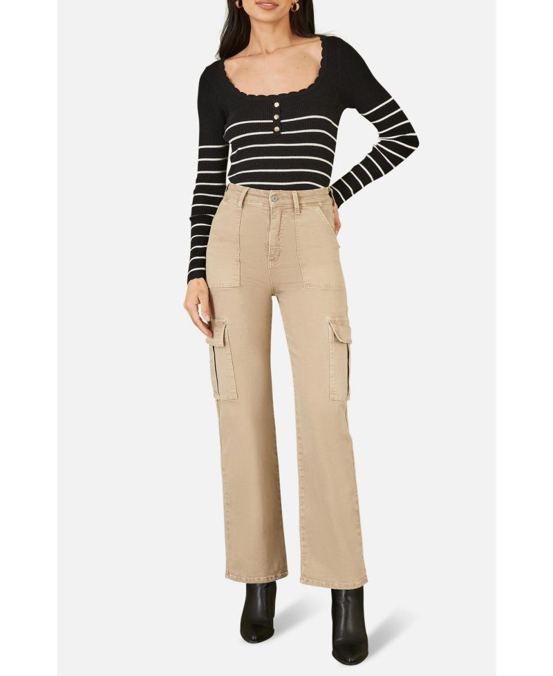 Women's Button Detail Long Sleeve Rib Knit Top