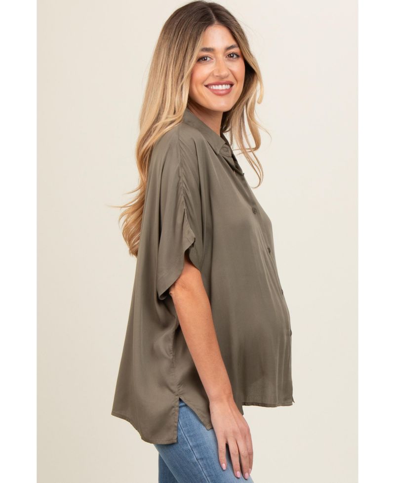 Women's Taupe Dolman Sleeve Button Down Blouse