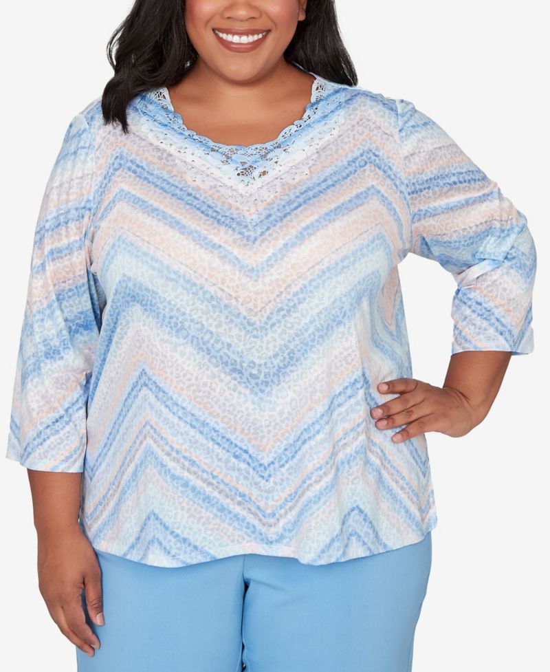 Plus Size St. Augustine Chevron Print Lace Trim Crew Neck Top