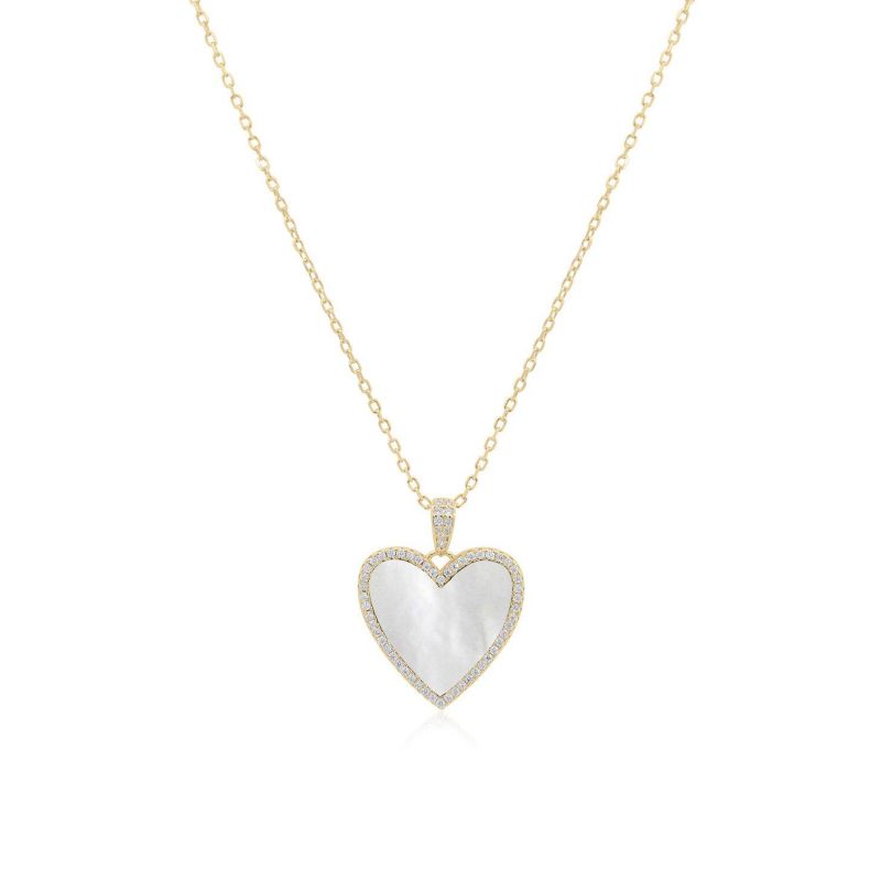 Large Mother of Pearl CZ Halo Heart Necklace 14K Gold-Plated Sterling Silver