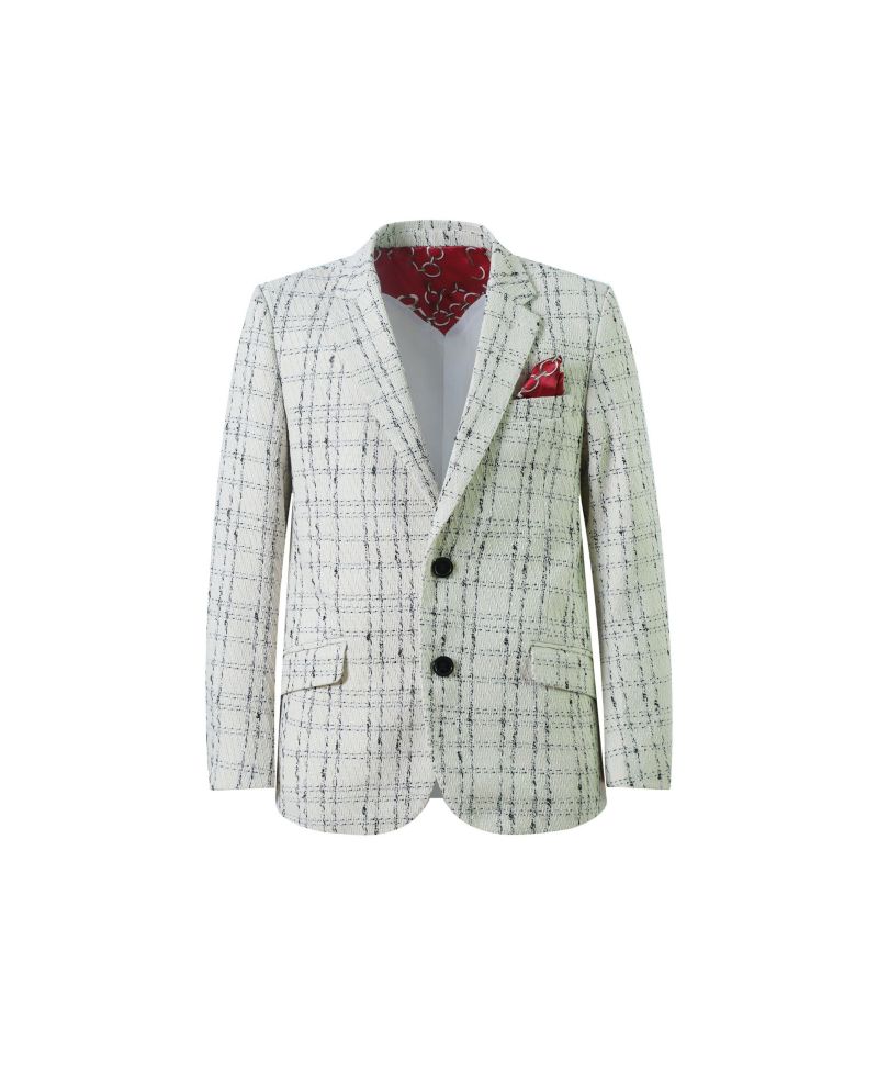 Boys White Plaid Boucle Slim Fit Jacket