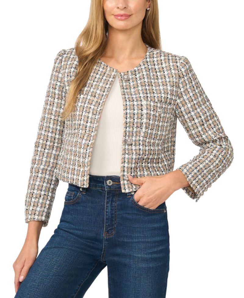 Women's Cropped Tweed Collarless Jacket