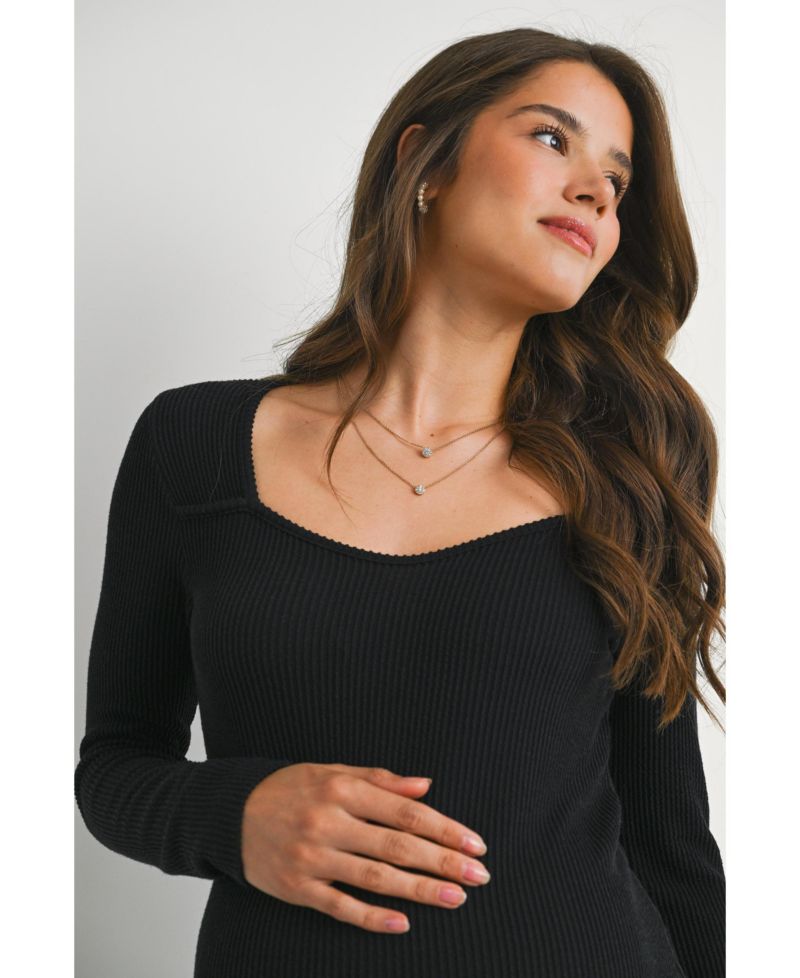 Maternity Sweatheart Long Sleeve Back Slit Ribbed Midi Dress
