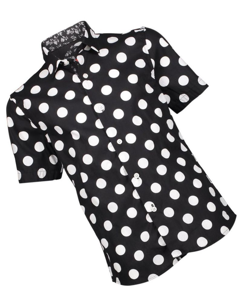 Big Boys Black Short Sleeve Navy Polka Dot Slim Fit Shirt