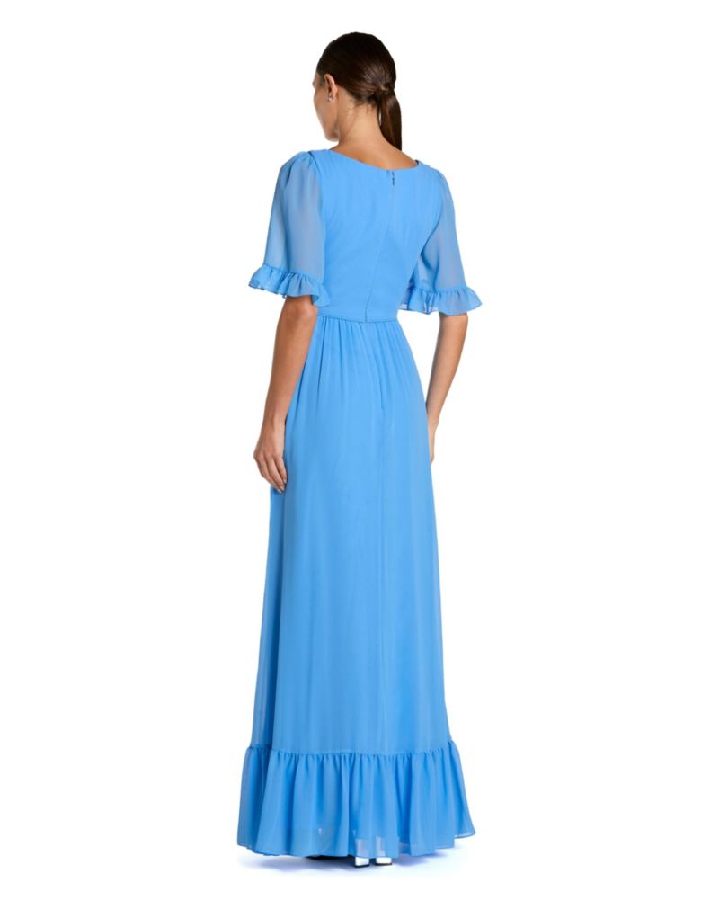 Women's V Neck Flutter Sleeve Chiffon Faux Wrap Gown