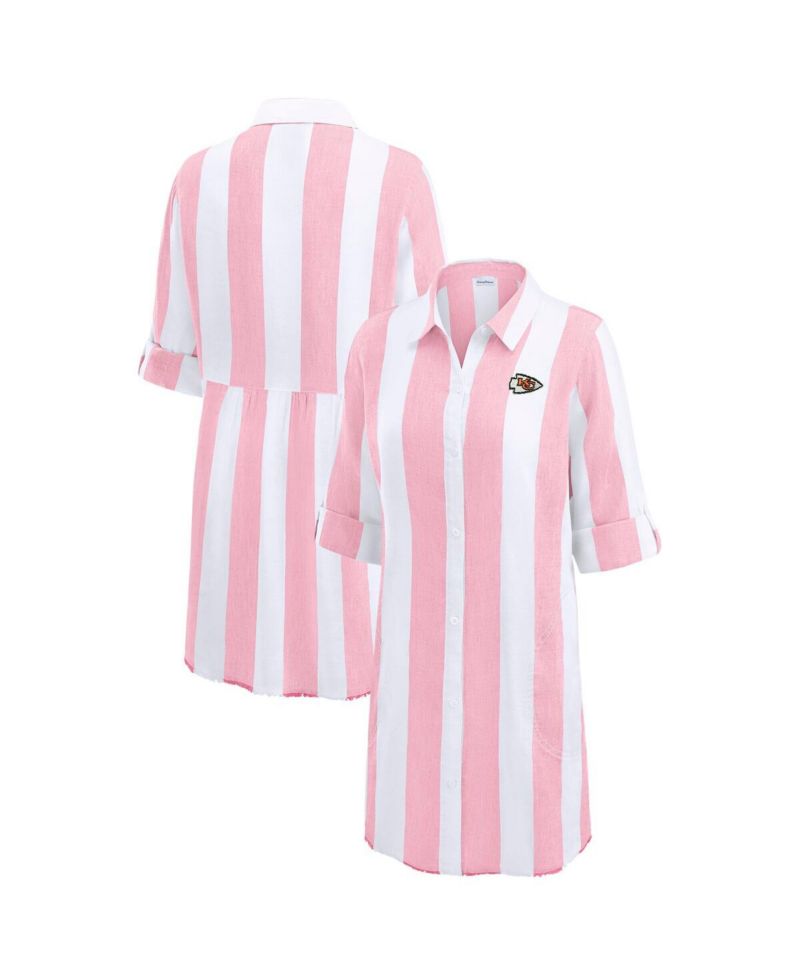 Women's Pink/White Kansas City Chiefs Rugby Beach Stripe Button-Up Tunic