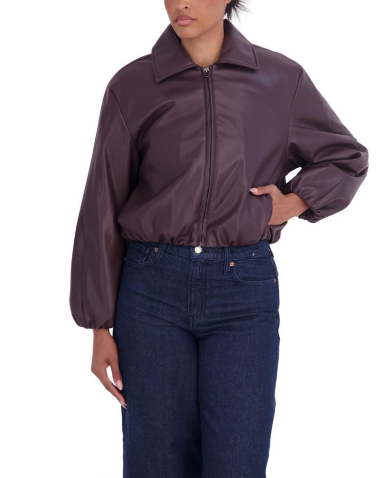 Women's Bubble Hem Bomber Faux Leather Coat