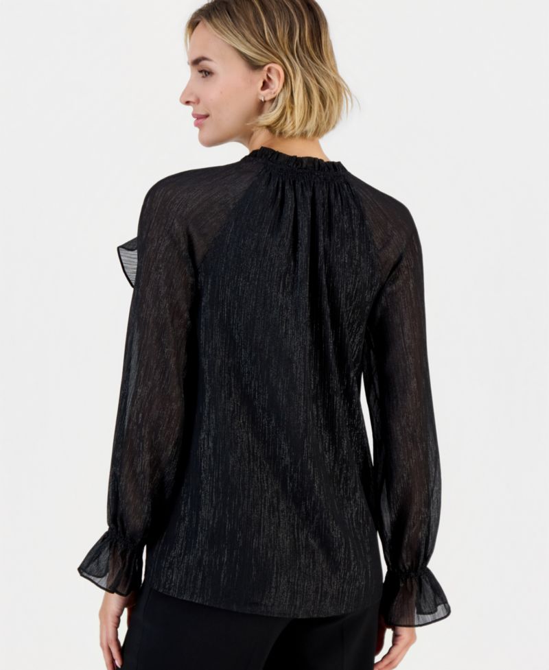 Women's Ruffle Raglan Long-Sleeve V-Neck Chiffon Blouse