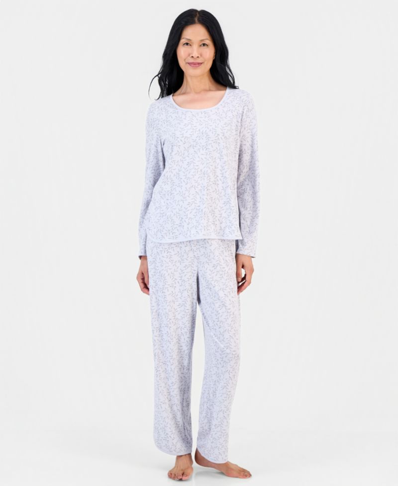 Women's 100% Pima Cotton Long-Sleeve Scoop Neck Pajama Top and Pants Set