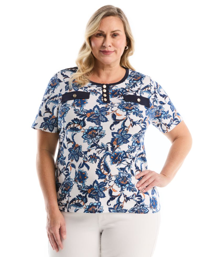 Plus Size Botanical Welt Pocket Button Detail Short-Sleeve Top