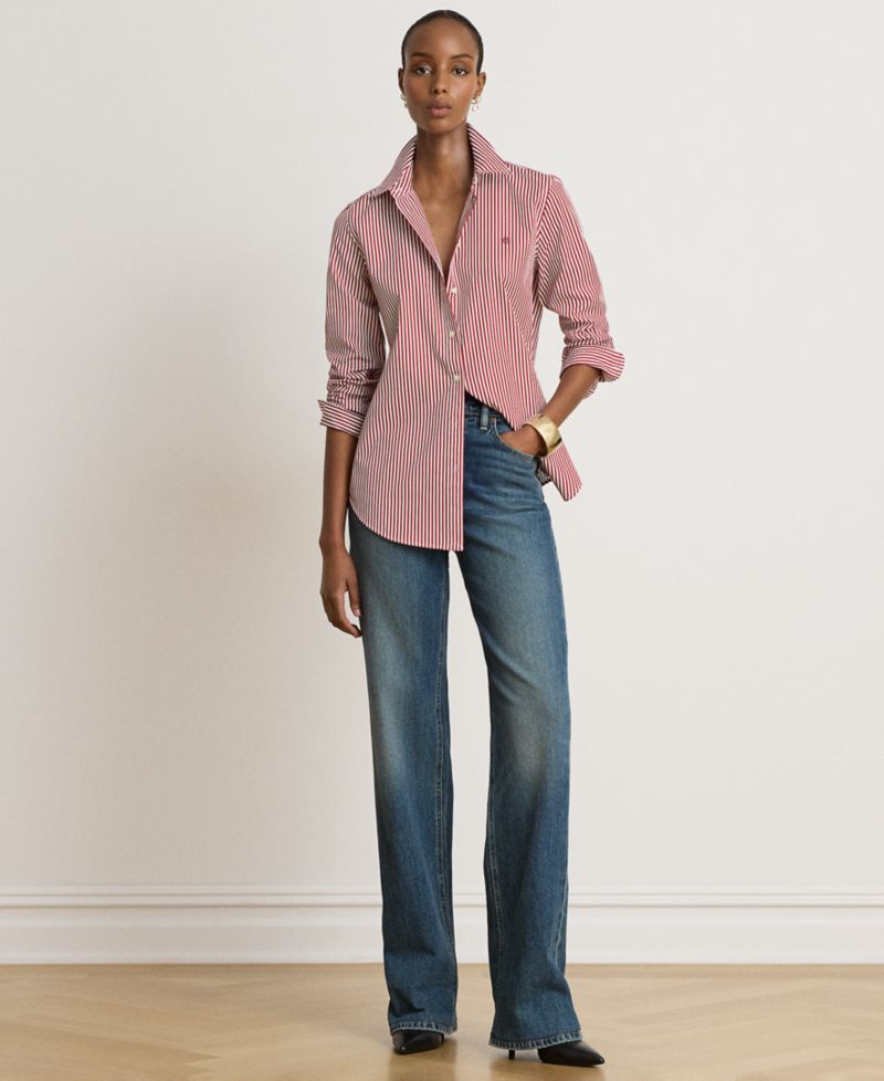 Petite Striped Long-Sleeve Point-Collar Shirt