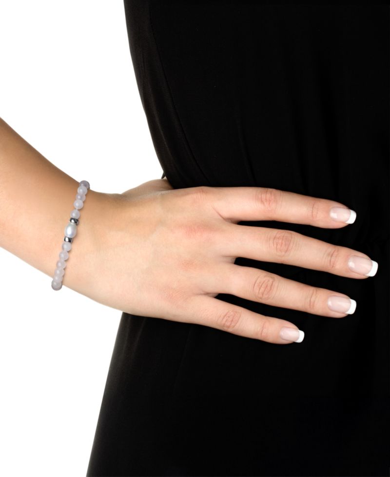 Onyx & Cultured Freshwater Pearl (7-8mm) Stretch Bracelet in Sterling Silver (Also in Rose Quartz)