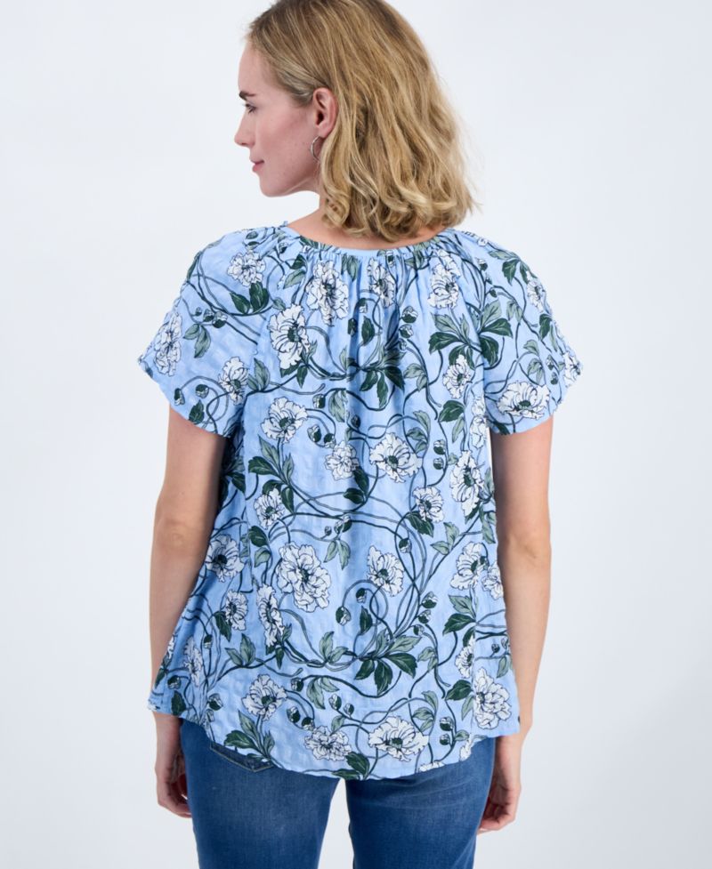 Petite Floral Seersucker Short-Flutter-Sleeve Blouse