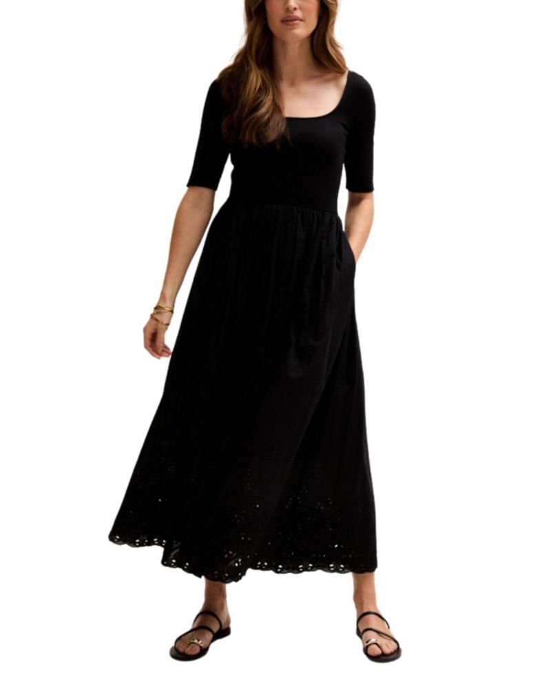 Women's Sydney Short Sleeve Jersey Bodice Embroidered Midi Dress